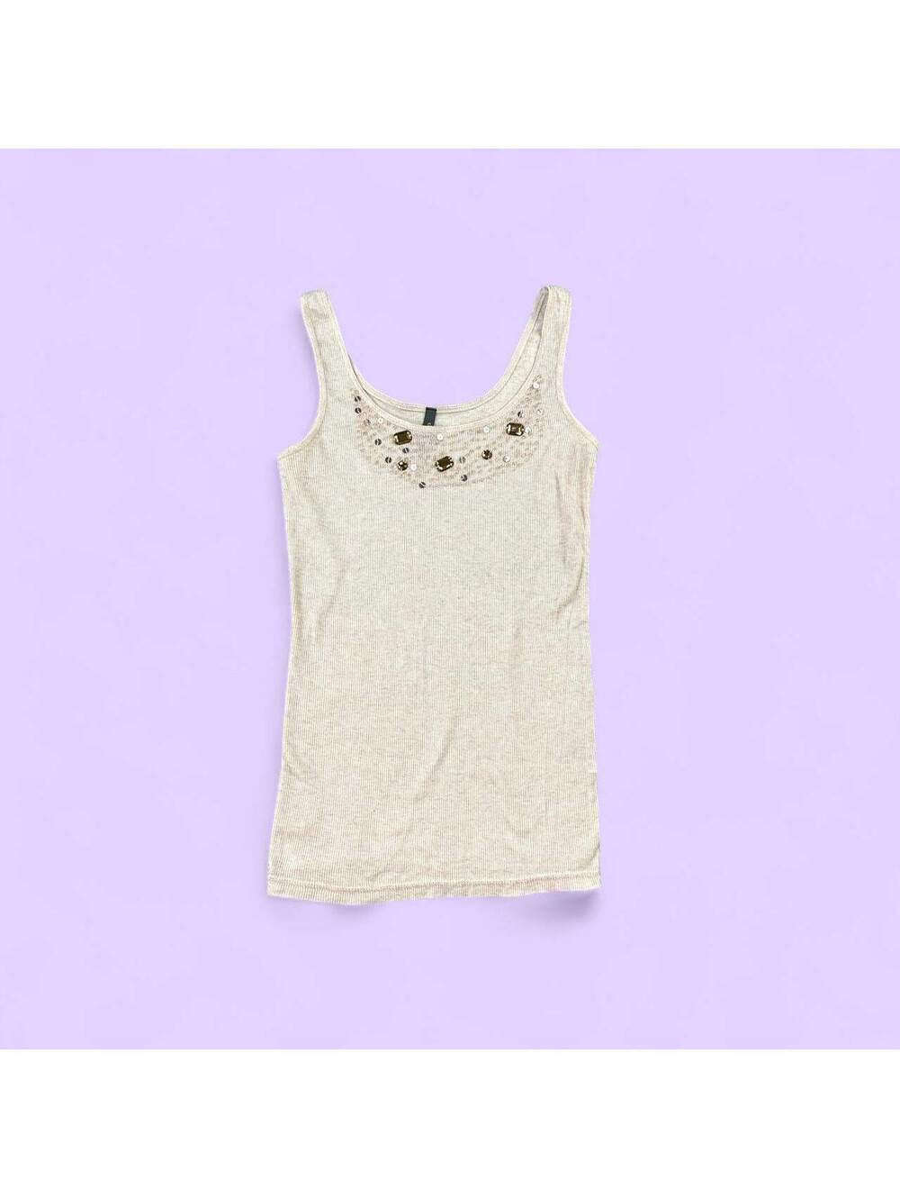 Charlotte Russe Y2K Beige Ribbed Embellished Neckline Tank Top - XS